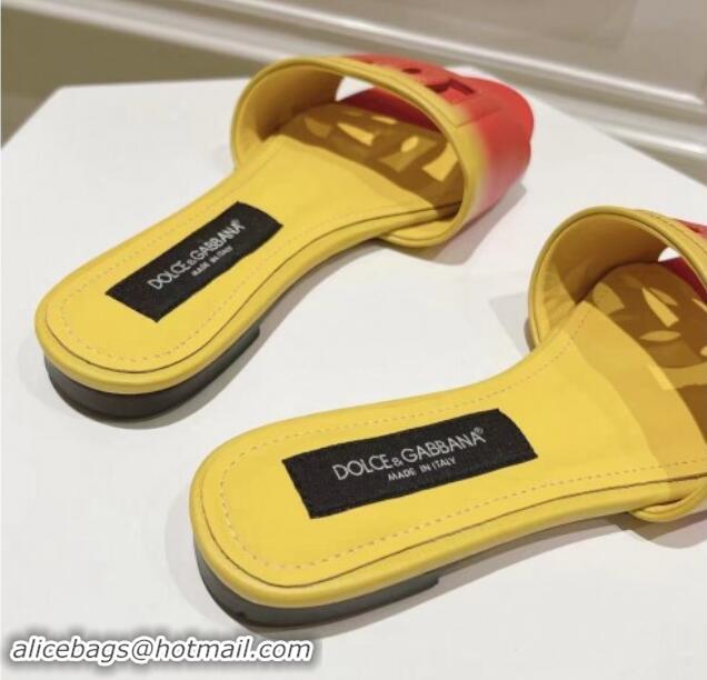 Fashion Luxury Dolce & Gabbana DG Cutout Flat Slide Sandals in Gradient Calfskin Red/Yellow 604133