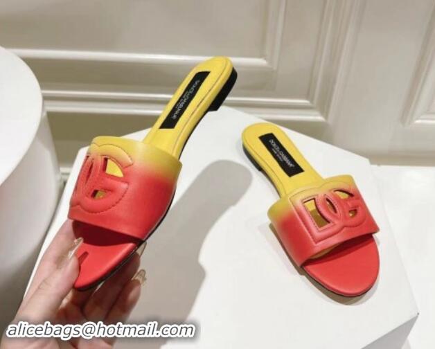 Fashion Luxury Dolce & Gabbana DG Cutout Flat Slide Sandals in Gradient Calfskin Red/Yellow 604133