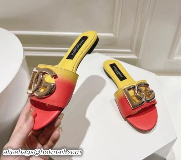 Good Quality Dolce & Gabbana DG Flat Slide Sandals in Gradient Calfskin Leather Red/Yellow 604135