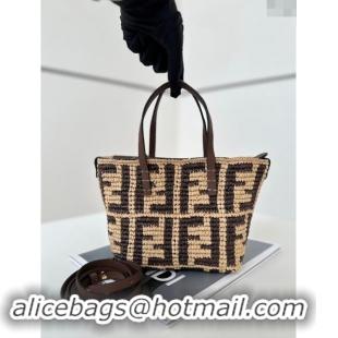 New Stylish Fendi Roll Mini Tote bag in FF Raffia Straw 8655 Beige/Brown 2024