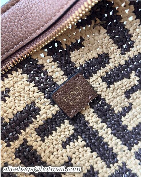 New Stylish Fendi Roll Mini Tote bag in FF Raffia Straw 8655 Beige/Brown 2024