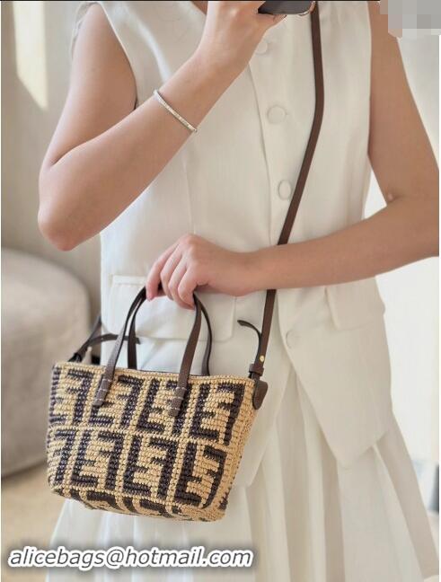 New Stylish Fendi Roll Mini Tote bag in FF Raffia Straw 8655 Beige/Brown 2024