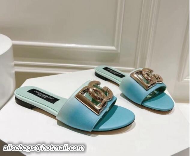 Good Looking Dolce & Gabbana DG Flat Slide Sandals in Gradient Calfskin Leather Blue 604136