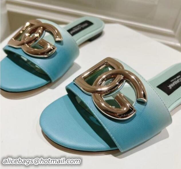 Good Looking Dolce & Gabbana DG Flat Slide Sandals in Gradient Calfskin Leather Blue 604136