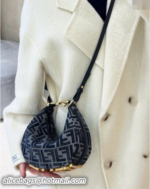 New Stylish Fendi Fendigraphy Mini Hobo Bag in dark blue FF chenille fabric 8657 Dark Blue 2024