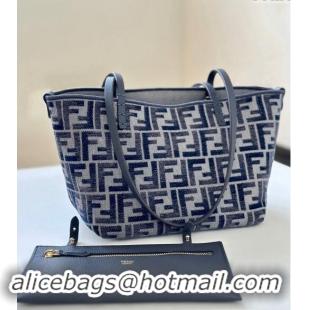 Original Cheap Fendi Small Roll Reversible shopper Tote Bag in FF chenille fabric 8661S dark blue 2024