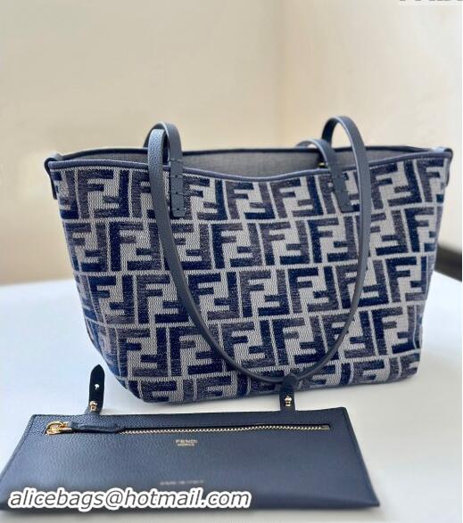 Original Cheap Fendi Small Roll Reversible shopper Tote Bag in FF chenille fabric 8661S dark blue 2024