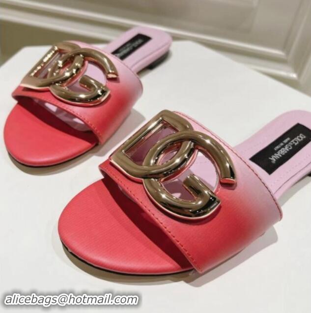 Best Product Dolce & Gabbana DG Flat Slide Sandals in Gradient Calfskin Leather Red/Pink 604137