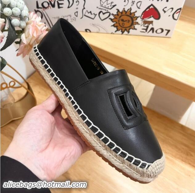 Top Grade Dolce & Gabbana DG Cutout Flat Espadrilles in Calfskin Black 604138