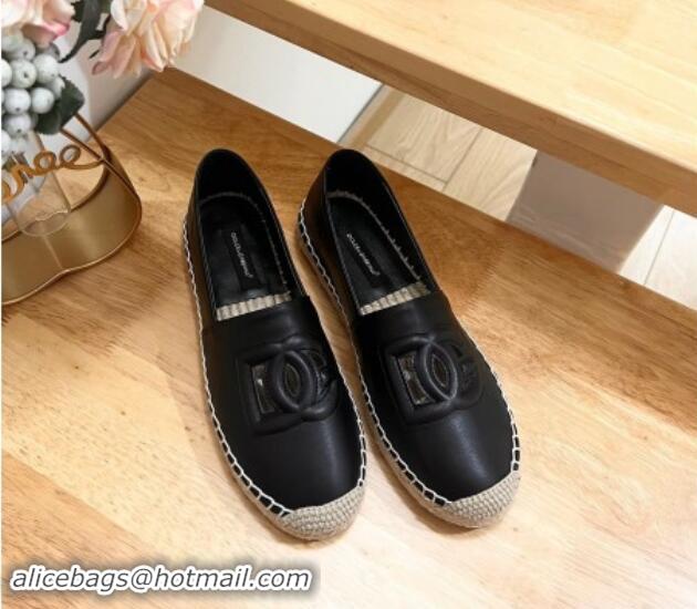 Top Grade Dolce & Gabbana DG Cutout Flat Espadrilles in Calfskin Black 604138