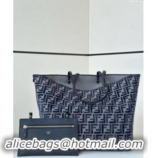 New Design Fendi Large Roll Reversible shopper Tote Bag in FF chenille fabric 8661L Dark Blue 2024