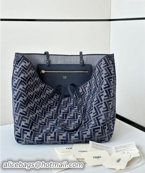 New Design Fendi Large Roll Reversible shopper Tote Bag in FF chenille fabric 8661L Dark Blue 2024