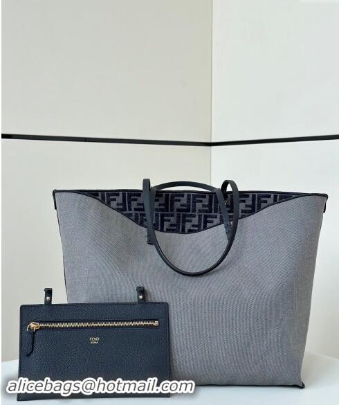 New Design Fendi Large Roll Reversible shopper Tote Bag in FF chenille fabric 8661L Dark Blue 2024