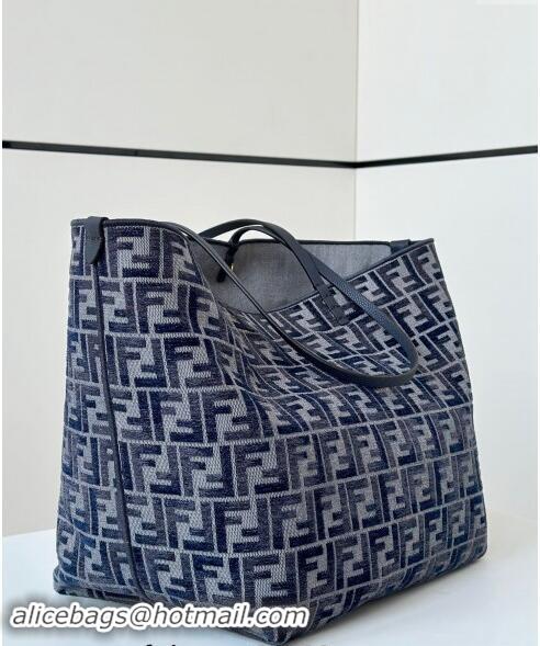 New Design Fendi Large Roll Reversible shopper Tote Bag in FF chenille fabric 8661L Dark Blue 2024