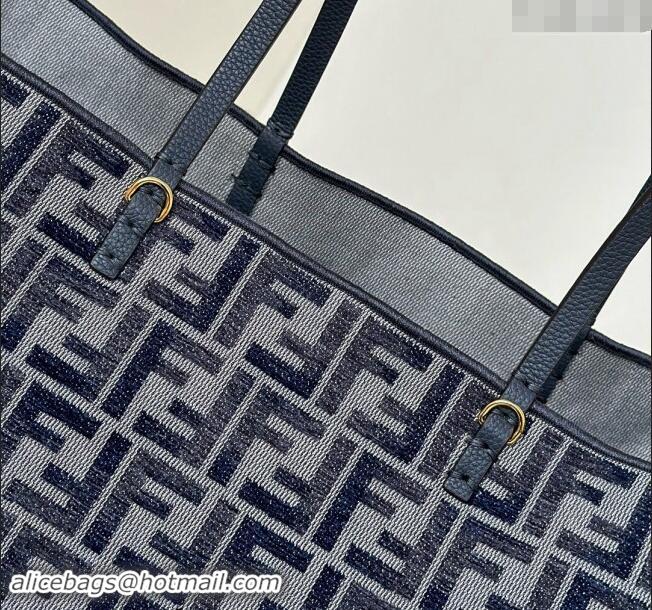 New Design Fendi Large Roll Reversible shopper Tote Bag in FF chenille fabric 8661L Dark Blue 2024