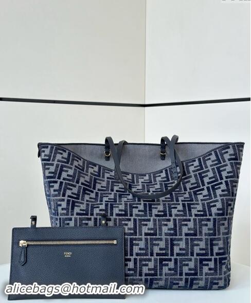 New Design Fendi Large Roll Reversible shopper Tote Bag in FF chenille fabric 8661L Dark Blue 2024