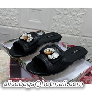 Luxury Cheap Dolce & Gabbana Lizard Embossed Leather Flat Slide Sandals with Strass Bow Black 604144