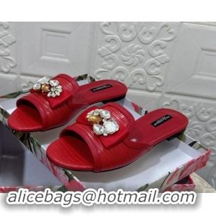 Low Cost Dolce & Gabbana Lizard Embossed Leather Flat Slide Sandals with Strass Bow Red 604145