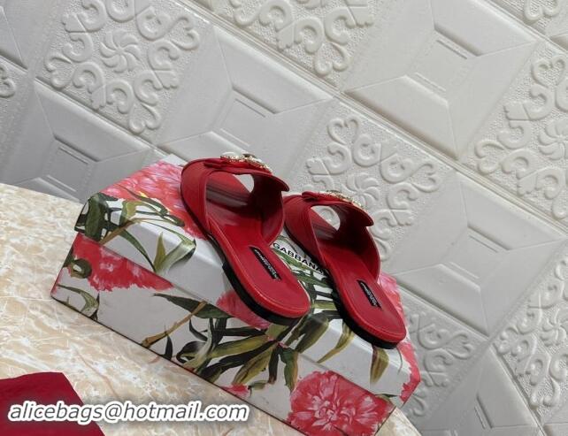 Low Cost Dolce & Gabbana Lizard Embossed Leather Flat Slide Sandals with Strass Bow Red 604145