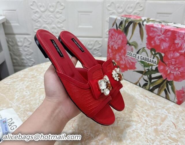 Low Cost Dolce & Gabbana Lizard Embossed Leather Flat Slide Sandals with Strass Bow Red 604145