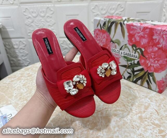 Low Cost Dolce & Gabbana Lizard Embossed Leather Flat Slide Sandals with Strass Bow Red 604145