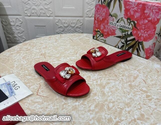 Low Cost Dolce & Gabbana Lizard Embossed Leather Flat Slide Sandals with Strass Bow Red 604145