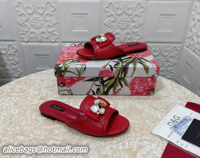 Low Cost Dolce & Gabbana Lizard Embossed Leather Flat Slide Sandals with Strass Bow Red 604145