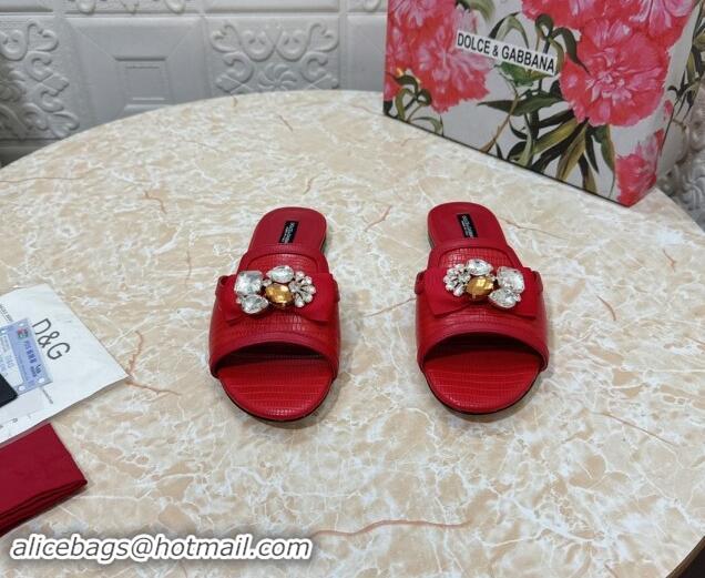 Low Cost Dolce & Gabbana Lizard Embossed Leather Flat Slide Sandals with Strass Bow Red 604145