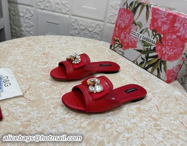 Low Cost Dolce & Gabbana Lizard Embossed Leather Flat Slide Sandals with Strass Bow Red 604145