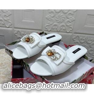 Good Quality Dolce & Gabbana Lizard Embossed Leather Flat Slide Sandals with Strass Bow White 604146