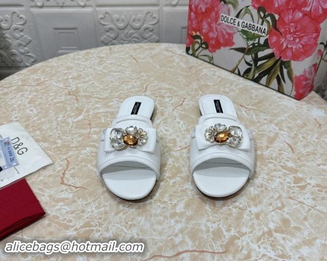 Good Quality Dolce & Gabbana Lizard Embossed Leather Flat Slide Sandals with Strass Bow White 604146