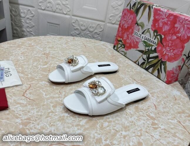 Good Quality Dolce & Gabbana Lizard Embossed Leather Flat Slide Sandals with Strass Bow White 604146