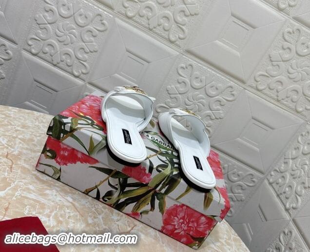 Good Quality Dolce & Gabbana Lizard Embossed Leather Flat Slide Sandals with Strass Bow White 604146