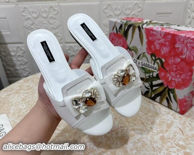 Good Quality Dolce & Gabbana Lizard Embossed Leather Flat Slide Sandals with Strass Bow White 604146