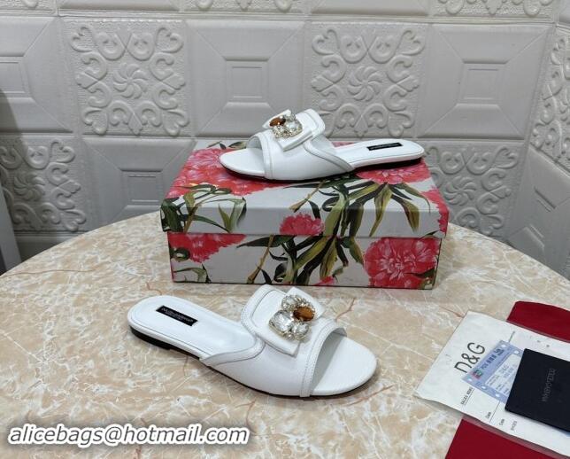 Good Quality Dolce & Gabbana Lizard Embossed Leather Flat Slide Sandals with Strass Bow White 604146