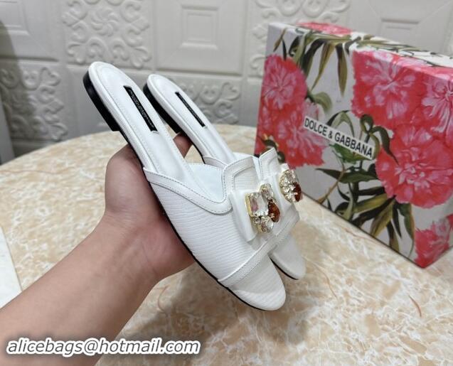 Good Quality Dolce & Gabbana Lizard Embossed Leather Flat Slide Sandals with Strass Bow White 604146