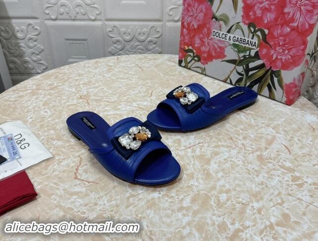 Durable Dolce & Gabbana Lizard Embossed Leather Flat Slide Sandals with Strass Bow Blue 604147