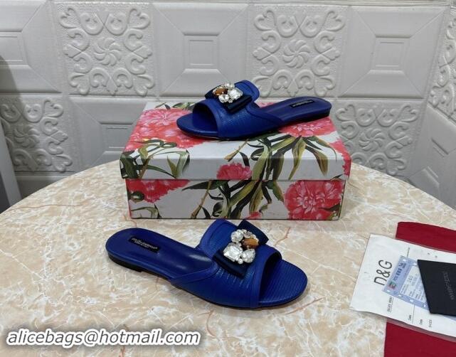 Durable Dolce & Gabbana Lizard Embossed Leather Flat Slide Sandals with Strass Bow Blue 604147