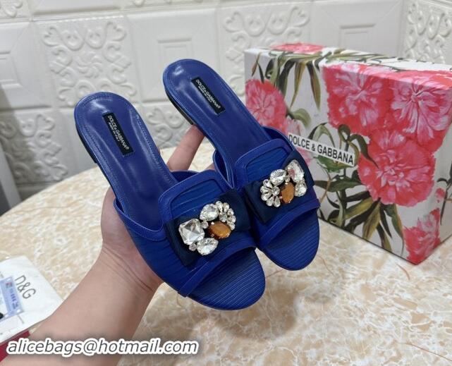 Durable Dolce & Gabbana Lizard Embossed Leather Flat Slide Sandals with Strass Bow Blue 604147