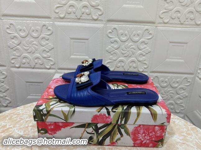 Durable Dolce & Gabbana Lizard Embossed Leather Flat Slide Sandals with Strass Bow Blue 604147