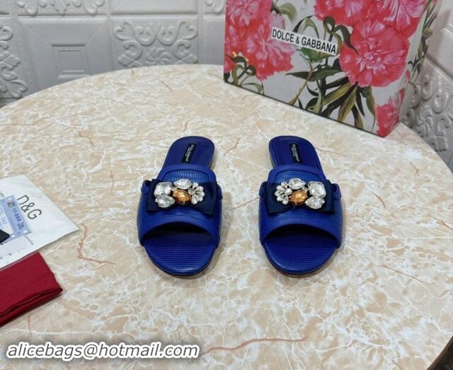 Durable Dolce & Gabbana Lizard Embossed Leather Flat Slide Sandals with Strass Bow Blue 604147