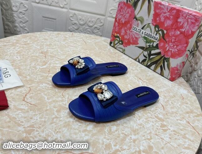 Durable Dolce & Gabbana Lizard Embossed Leather Flat Slide Sandals with Strass Bow Blue 604147