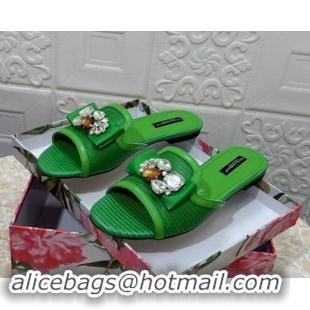 Lower Price Dolce & Gabbana Lizard Embossed Leather Flat Slide Sandals with Strass Bow Green 604148