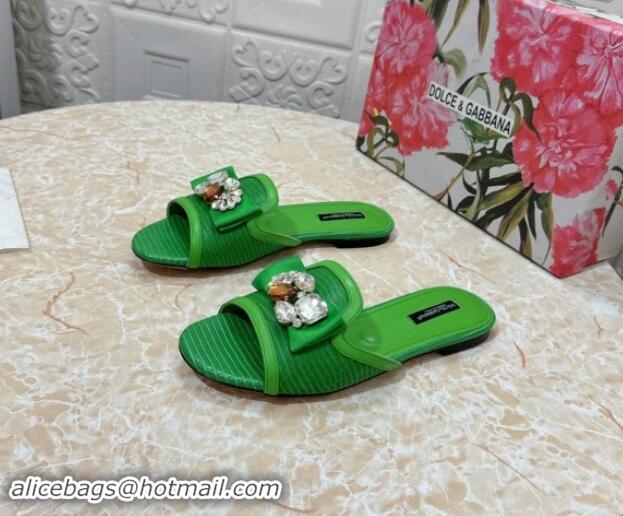 Lower Price Dolce & Gabbana Lizard Embossed Leather Flat Slide Sandals with Strass Bow Green 604148