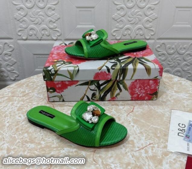 Lower Price Dolce & Gabbana Lizard Embossed Leather Flat Slide Sandals with Strass Bow Green 604148