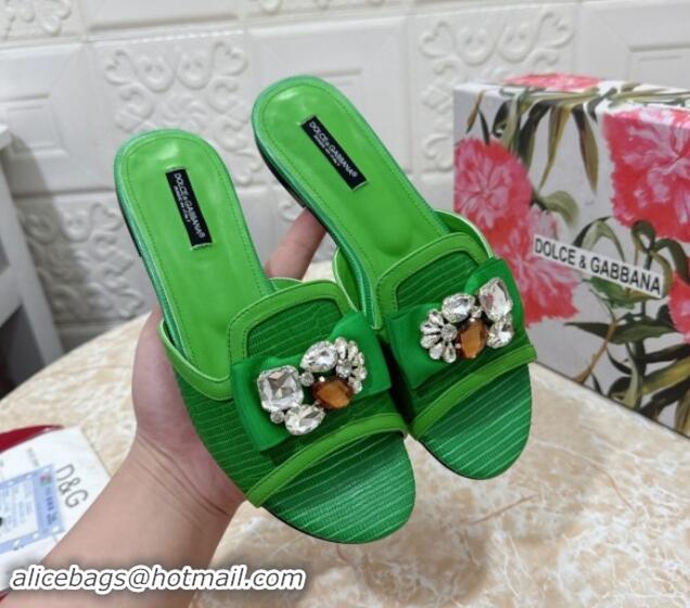 Lower Price Dolce & Gabbana Lizard Embossed Leather Flat Slide Sandals with Strass Bow Green 604148