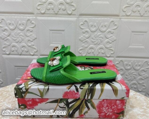 Lower Price Dolce & Gabbana Lizard Embossed Leather Flat Slide Sandals with Strass Bow Green 604148