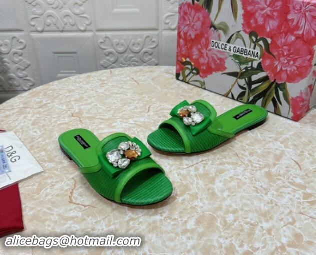 Lower Price Dolce & Gabbana Lizard Embossed Leather Flat Slide Sandals with Strass Bow Green 604148