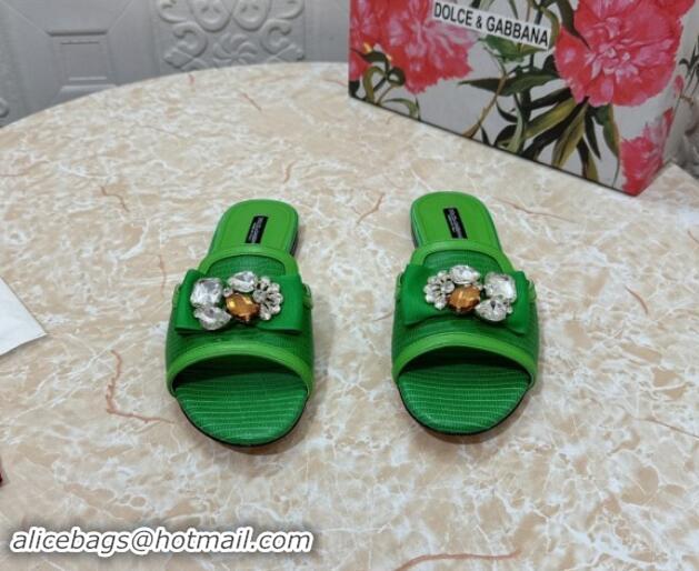 Lower Price Dolce & Gabbana Lizard Embossed Leather Flat Slide Sandals with Strass Bow Green 604148