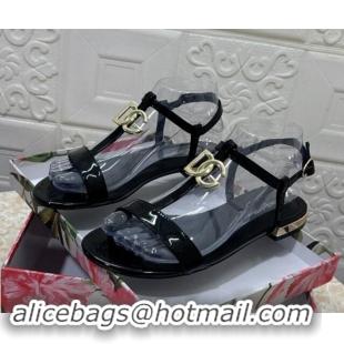 1:1 aaaaa Dolce & Gabbana DG Patent Calfskin Flat Sandals Black 604149